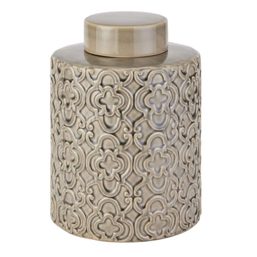 Handcrafted ceramic sculptural centerpiece with raised patterns and refined grey glaze, 27cm contemporary organic decor by Sostter at brixbailey.com