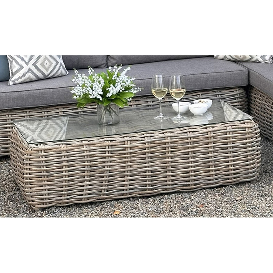 Full Item Size: Beige Glass Furniture Set - Left Section 80x80x212cm 42kg, Right Section 80x80x219cm 49.5kg, Table 35x120x60cm 20.5kg by Hill Interiors at www.brixbailey.com