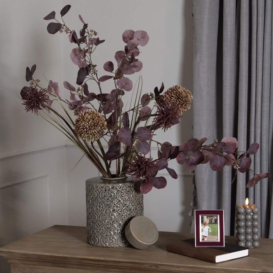 Handcrafted grey ceramic centerpiece with intricate raised patterns and removable sculptural lid, 27cm tall. by Sostter at brixbailey.com