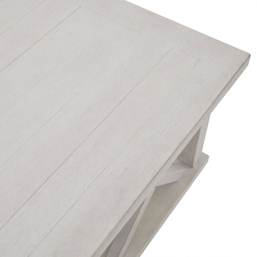 Handcrafted square pine coffee table with lattice design in distressed white finish, modern farmhouse style by Sostter at brixbailey.com