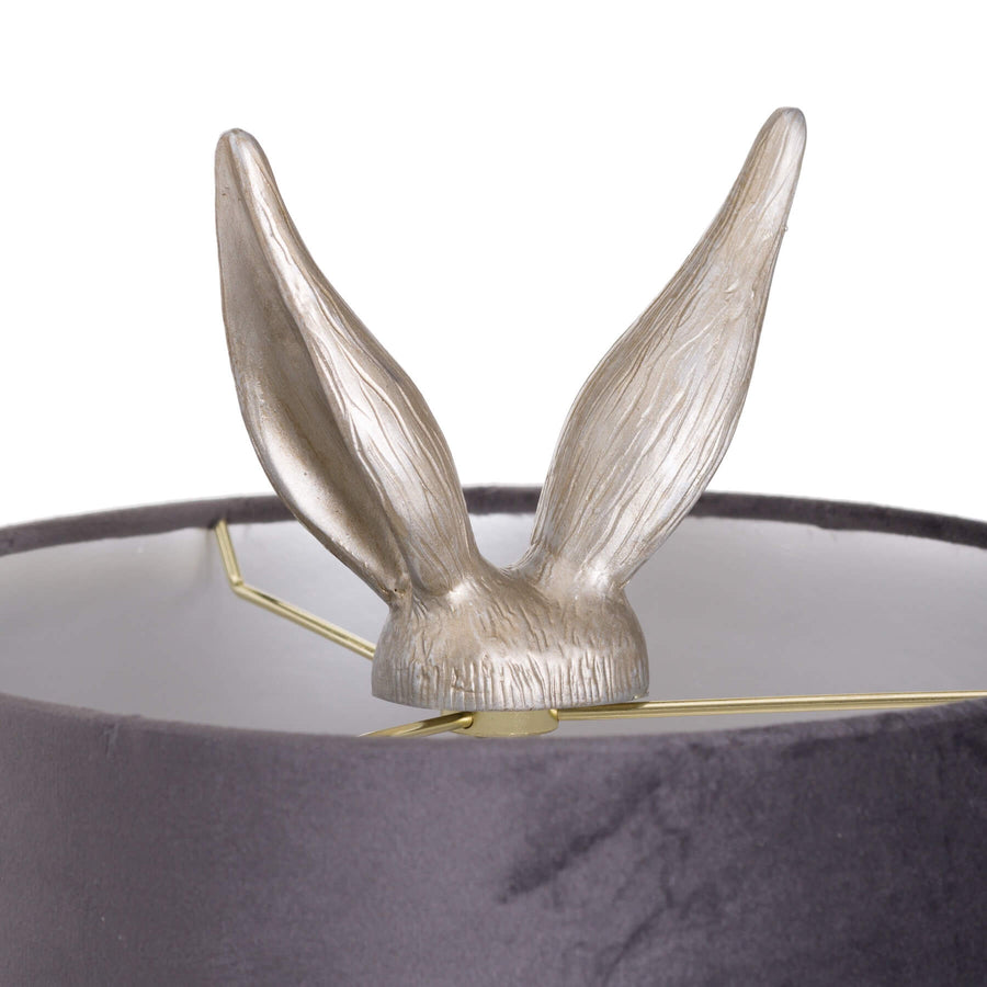 Silver Hare Table Lamp with grey velvet shade, handcrafted resin sculpture, and silver finish by Sostter at brixbailey.com