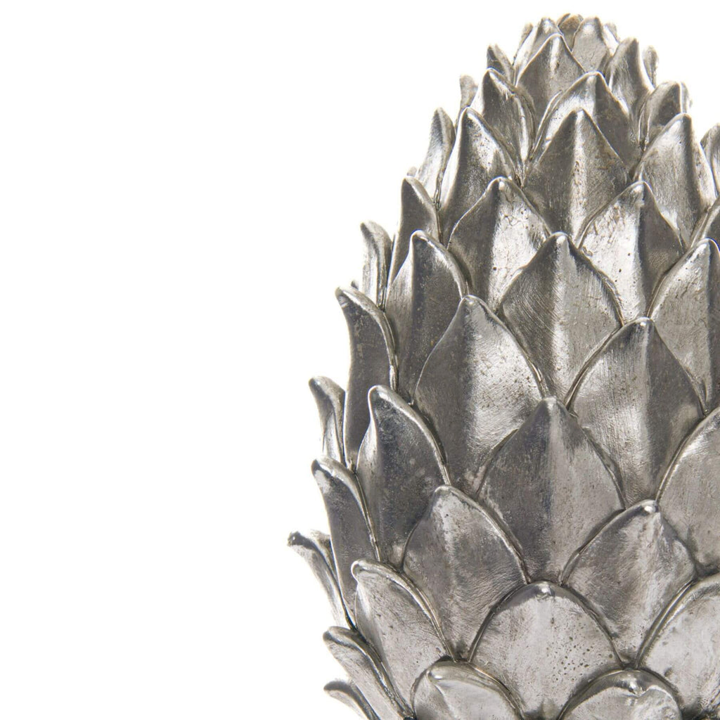 Silver ceramic pinecone finial decor with metallic finish, 40cm tall, botanical detailing for modern or classic interiors by Sostter at brixbailey.com