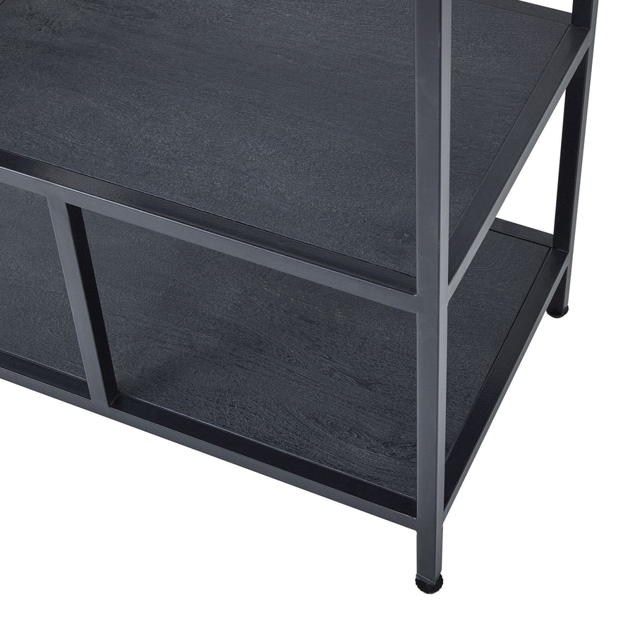 Black metal industrial shelf unit with asymmetrical seven-shelf design and lattice framework for modern home decor. by Sostter at brixbailey.com