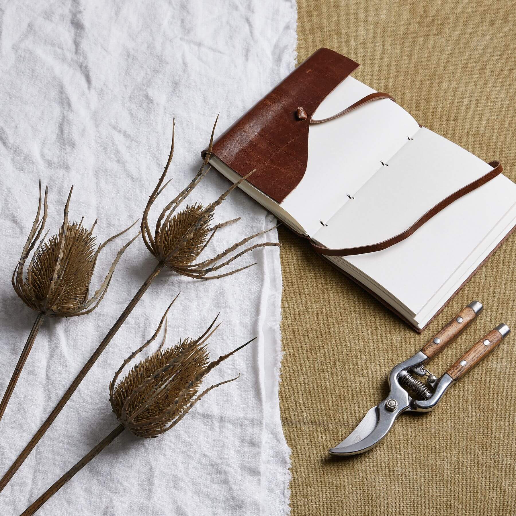Handcrafted artificial teasel stem with three hyper-realistic brown seed heads, 85 cm tall, for elegant home decor by Sostter at brixbailey.com