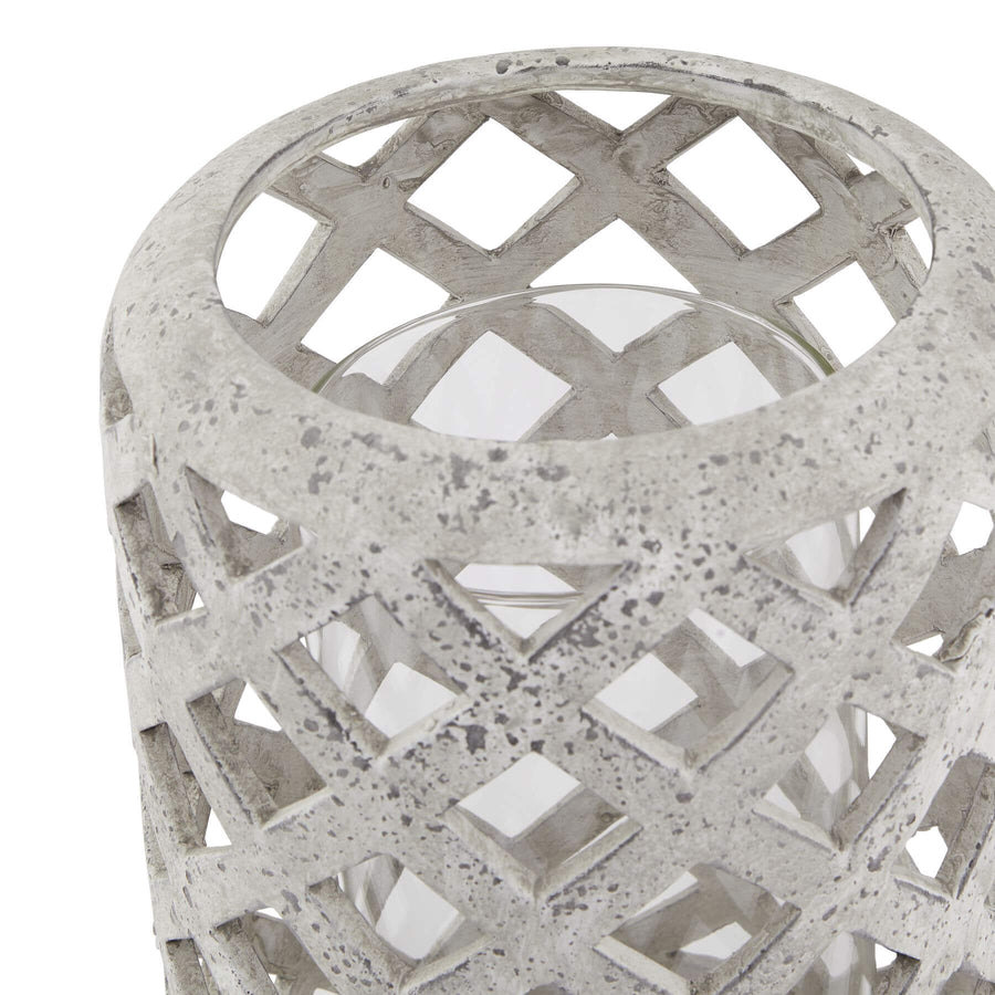 Weathered grey stone-effect ceramic hurricane lantern, 32cm tall, rustic Mediterranean home decor centerpiece by Sostter at brixbailey.com