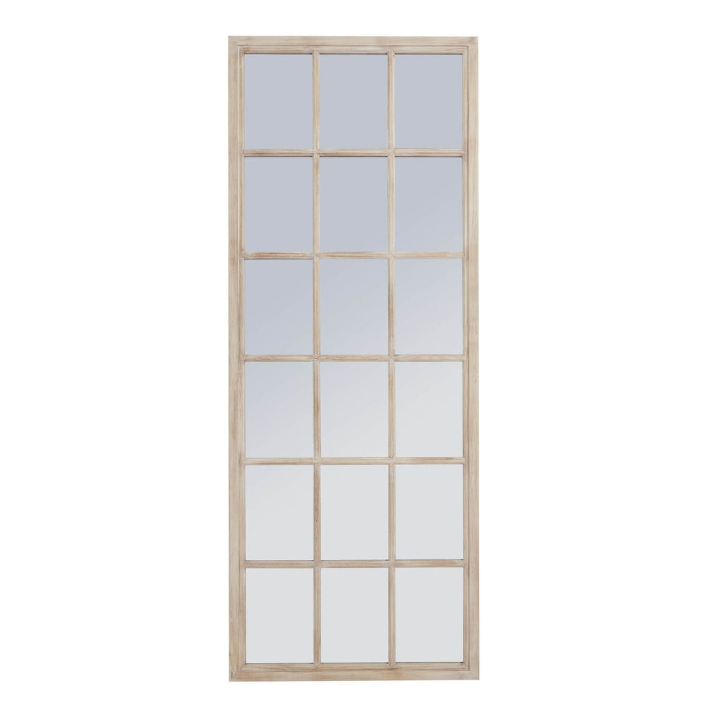 Tall washed wood window mirror with 18 panes, rustic black frame, enhances space in farmhouse or modern decor. by Sostter at brixbailey.com