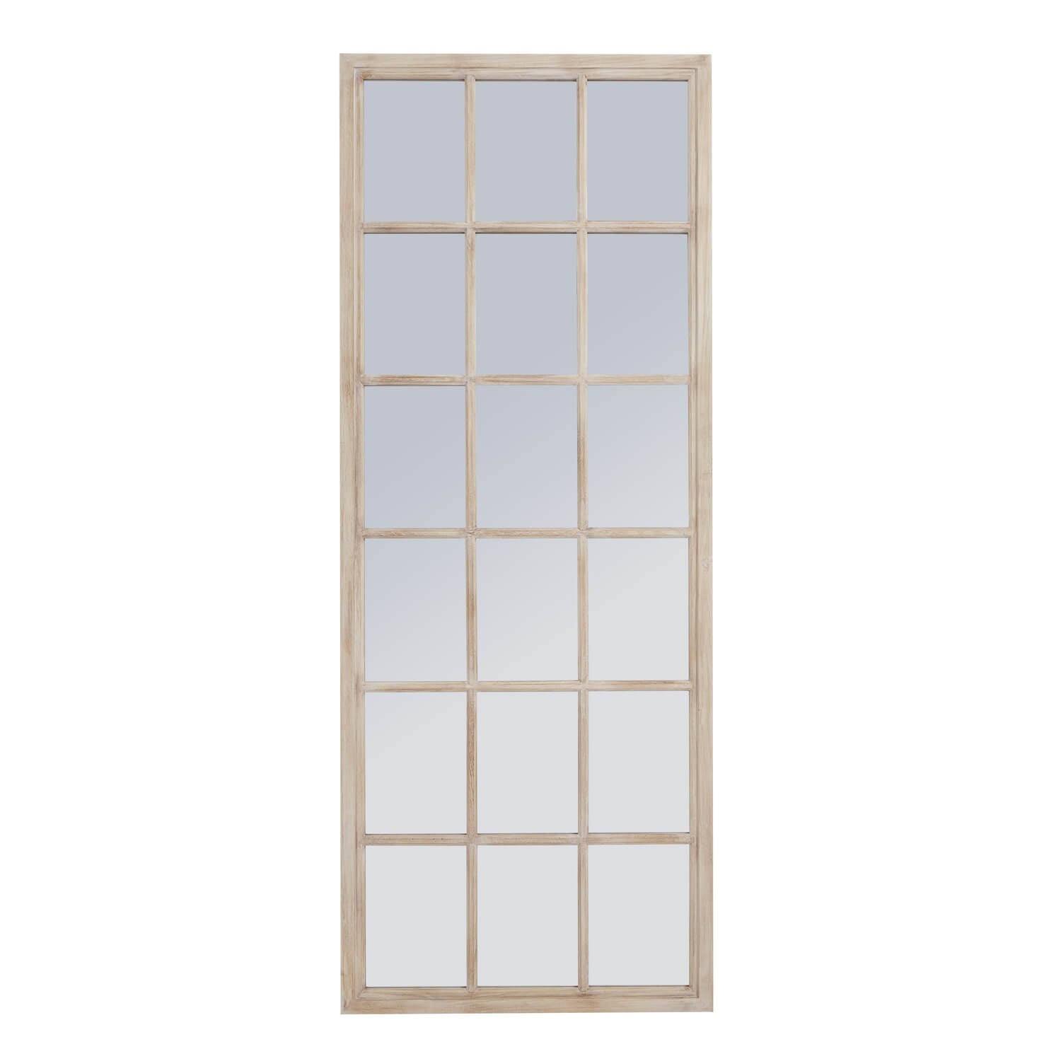 Tall washed wood window mirror with 18 panes, rustic black frame, enhances space in farmhouse or modern decor. by Sostter at brixbailey.com