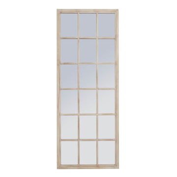 Tall washed wood window mirror with 18 panes, rustic black frame, enhances space in farmhouse or modern decor. by Sostter at brixbailey.com