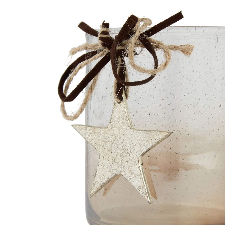 Handcrafted coffee ombré glass votive with white star detail and natural bow accent, 9cm tall. by Hill Interiors at brixbailey.com