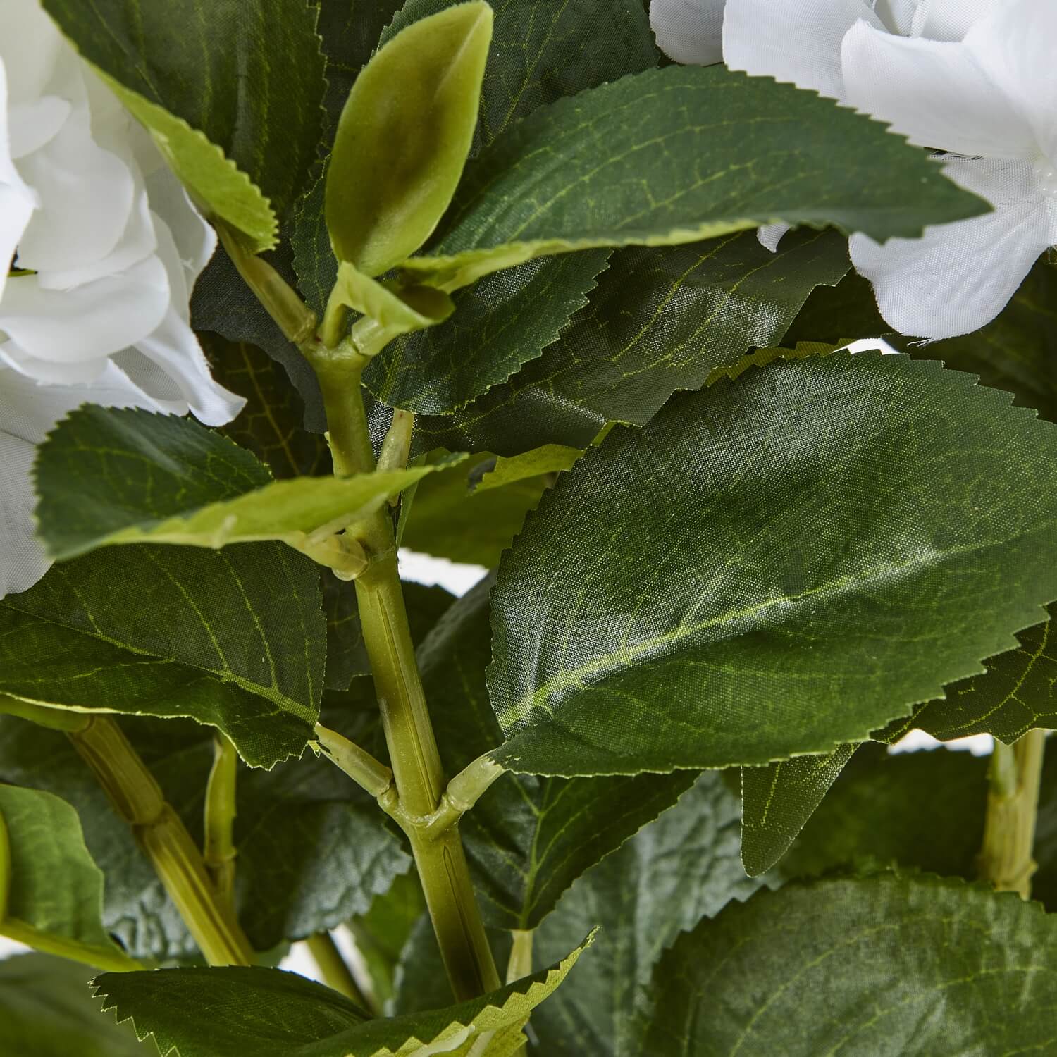 Lifelike white hydrangea arrangement with green foliage, realistic plastic petals, perfect for farmhouse or modern decor by Sostter at brixbailey.com