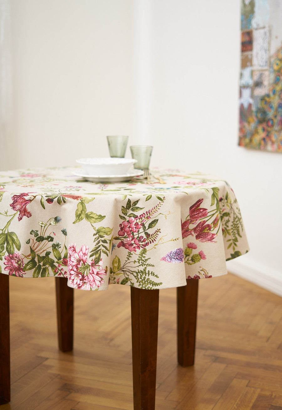 Botanico Floral Round Tablecloth – Luxurious & Festive Dining Decor by Hortensias Home at www.brixbailey.com