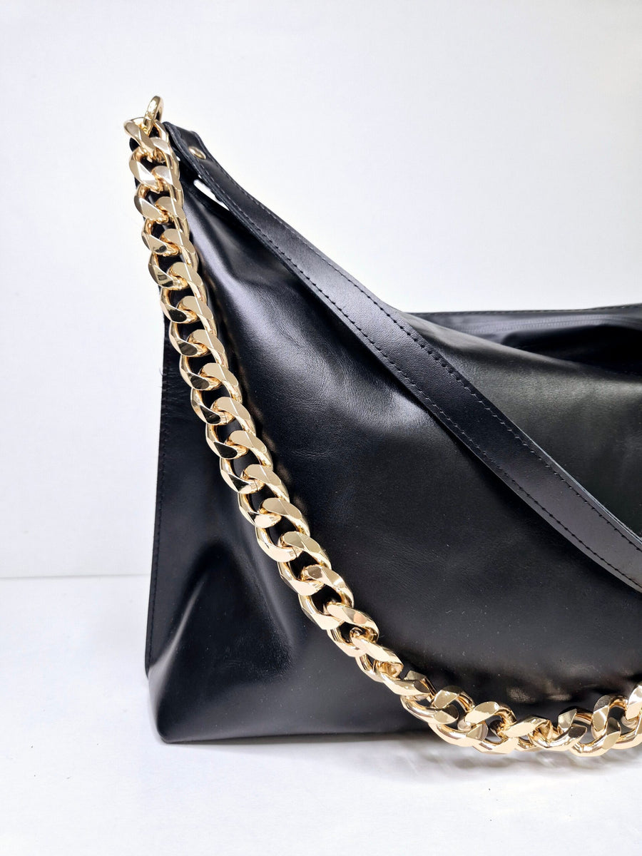 Black Leather Hobo Bag - Large