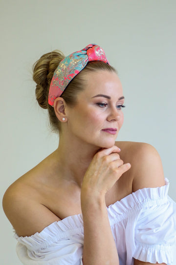 Misty Top Knot Headband - Neon Pink & Gold Luxury Silk by Eva Oherjus at www.brixbailey.com