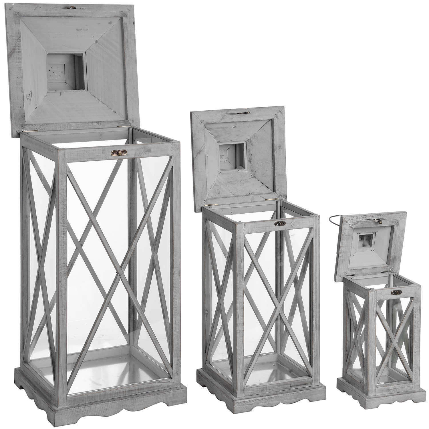 Handcrafted wooden lantern set in weathered grey, rustic farmhouse decor with three distressed solid wood lanterns by Sostter at brixbailey.com