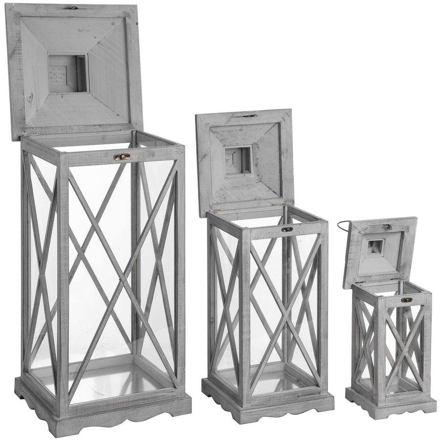 Handcrafted wooden lantern set in weathered grey, rustic farmhouse decor with three distressed solid wood lanterns by Sostter at brixbailey.com