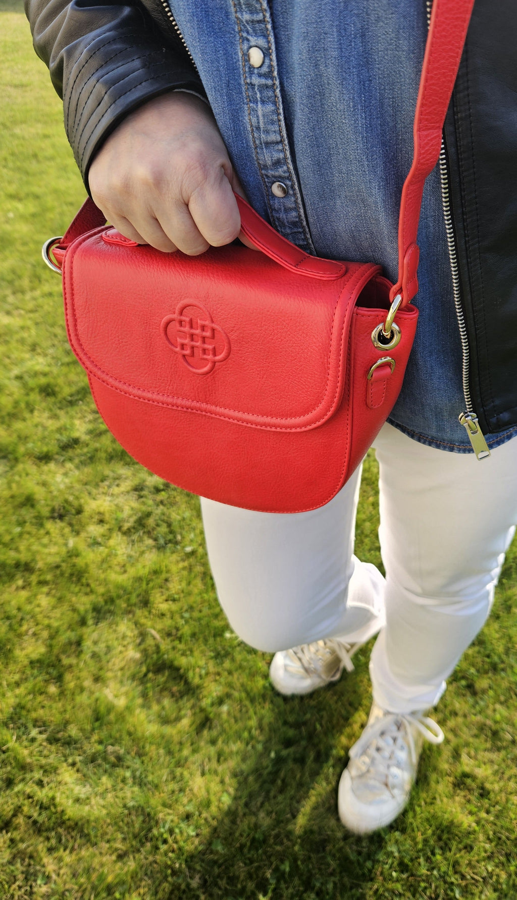 Mia Top Handle Red Leather Handbag with Ring Detail