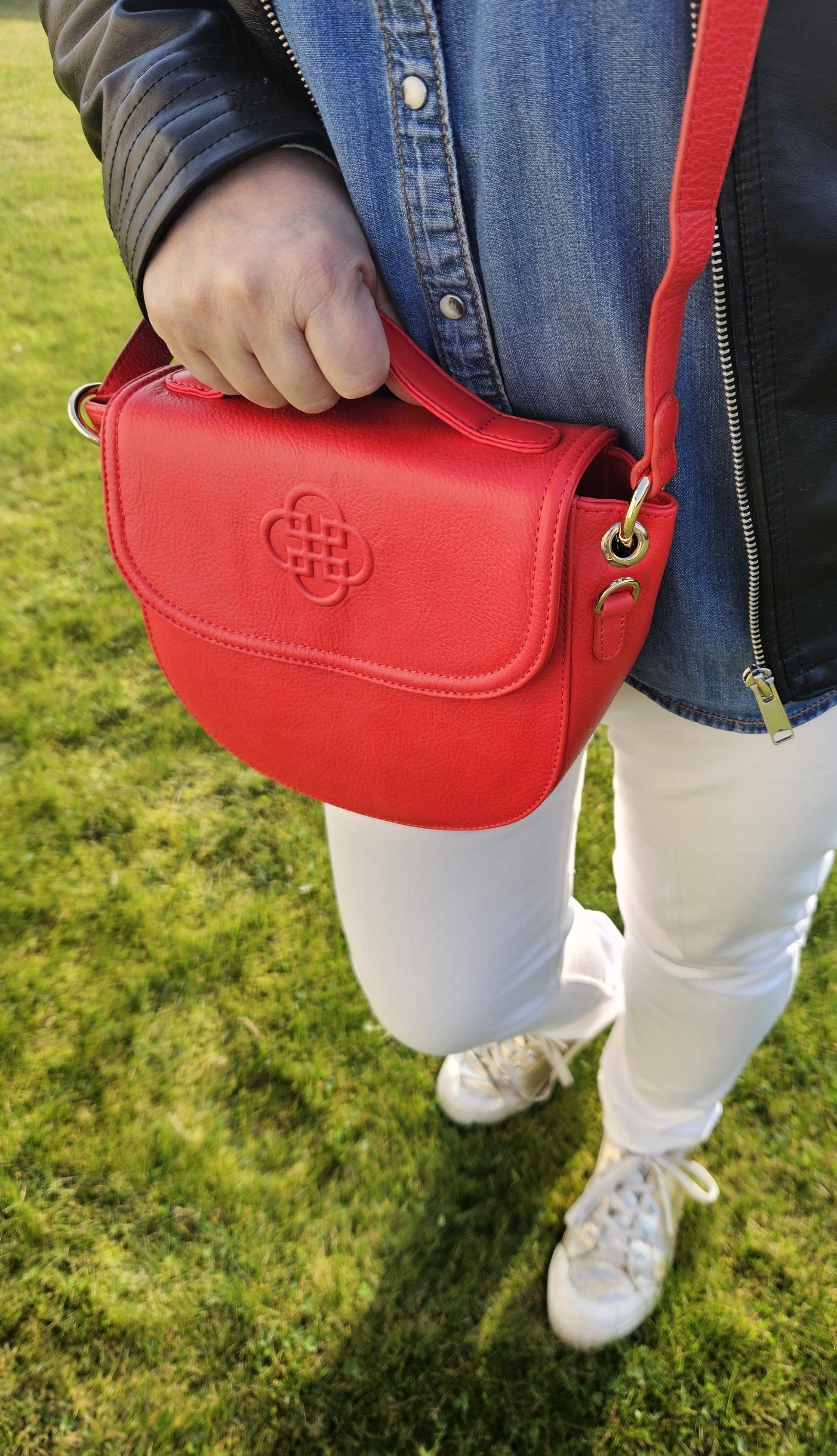 Mia Top Handle Red Leather Handbag with Ring Detail