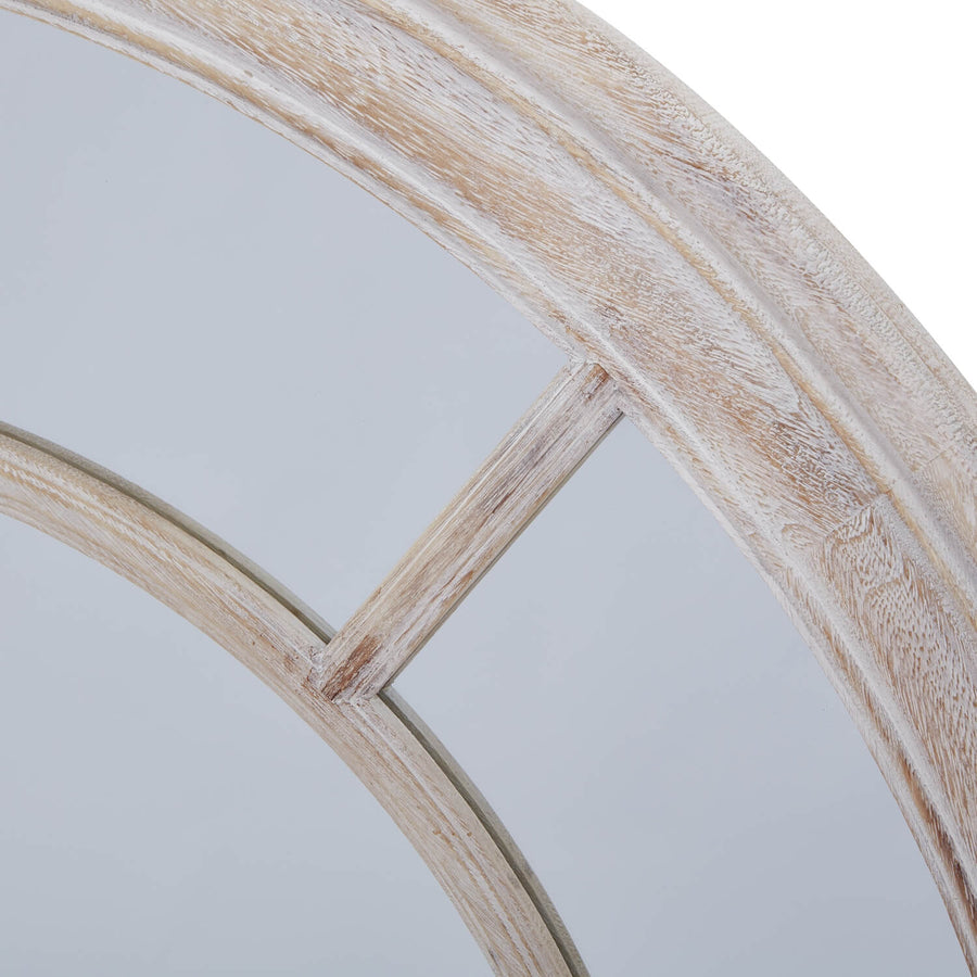Handcrafted driftwood-style round mirror with weathered patina, 90cm diameter, warm brown wood frame for coastal decor. by Sostter at brixbailey.com