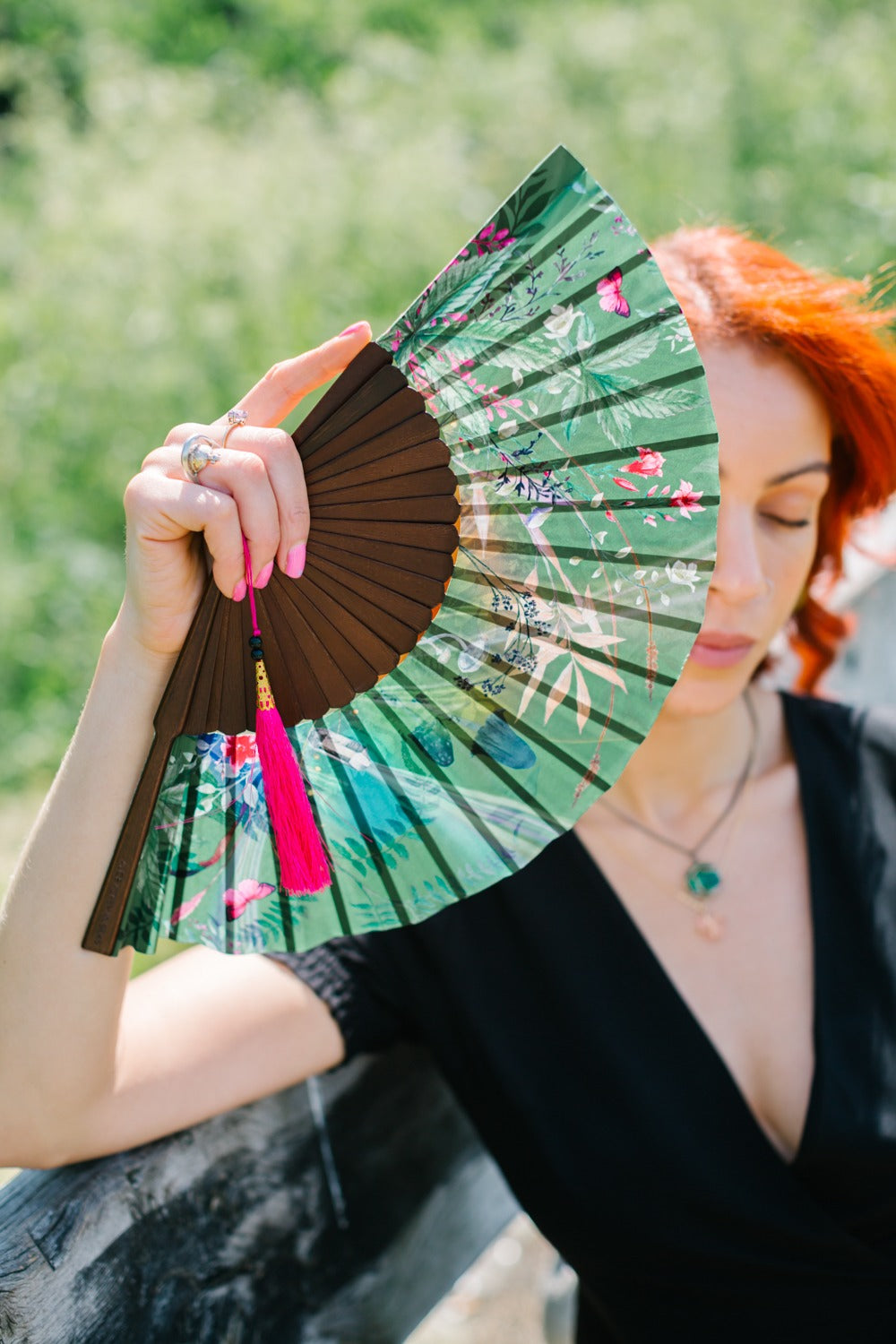 Green Silk Hand Fan with Mushroom and Crystal Botanical Artwork