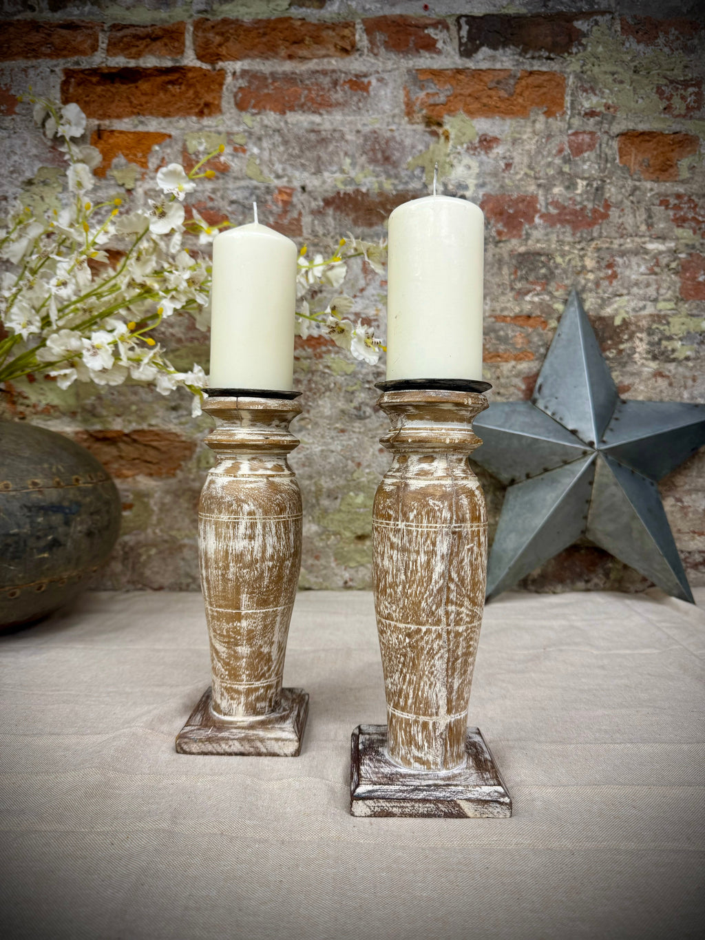 Pair Of Rustic Wooden Candle Holders / Large Church Candle Candlesticks /A