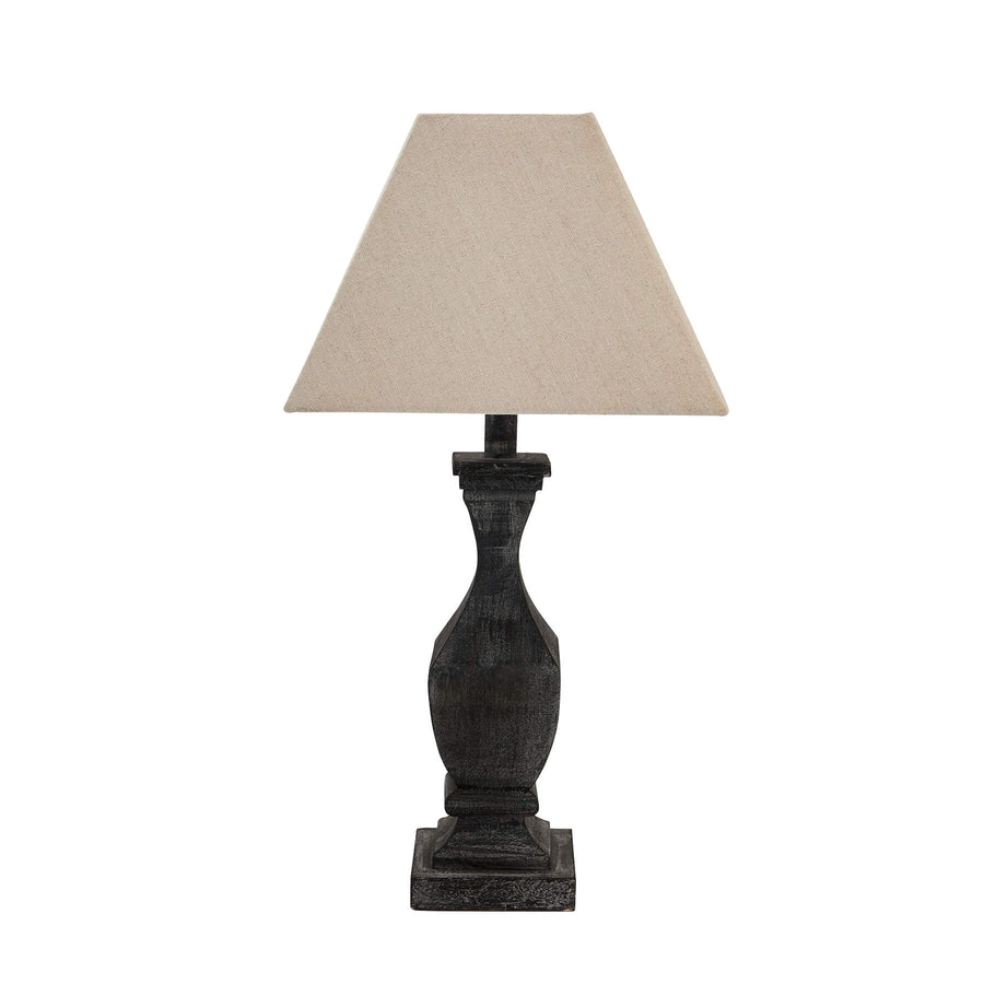 Handcrafted Incia table lamp with grey-washed wood base and natural linen shade for modern or rustic decor. by Sostter at brixbailey.com