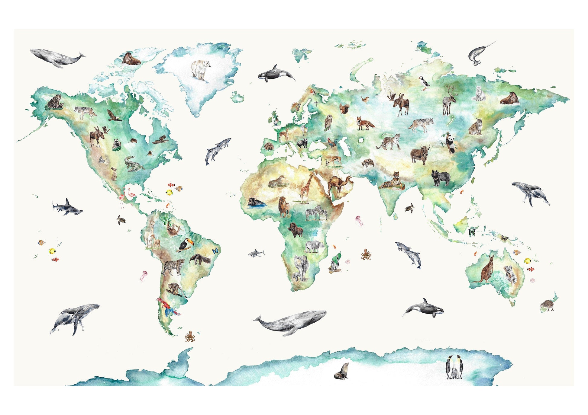 Hand-painted wildlife world map print for children