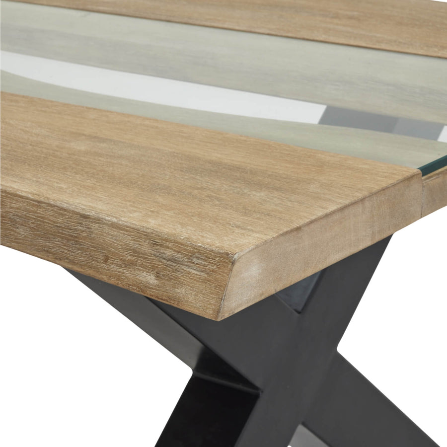 Live edge coffee table with acacia wood and clear resin inlay, natural tones and black accents, modern rustic design by Sostter at brixbailey.com