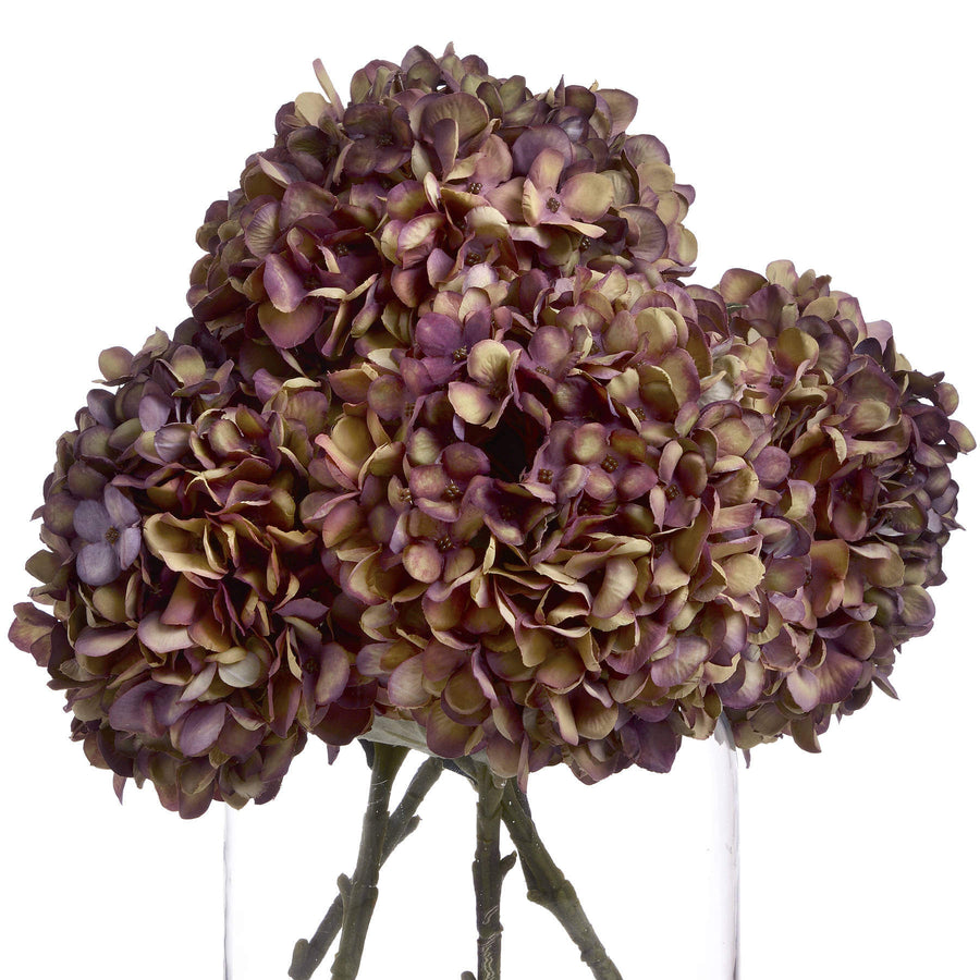 Luxury artificial hydrangea stem with vibrant purple, burgundy, and green blooms, 42cm tall with realistic hand-painted petals by Sostter at brixbailey.com