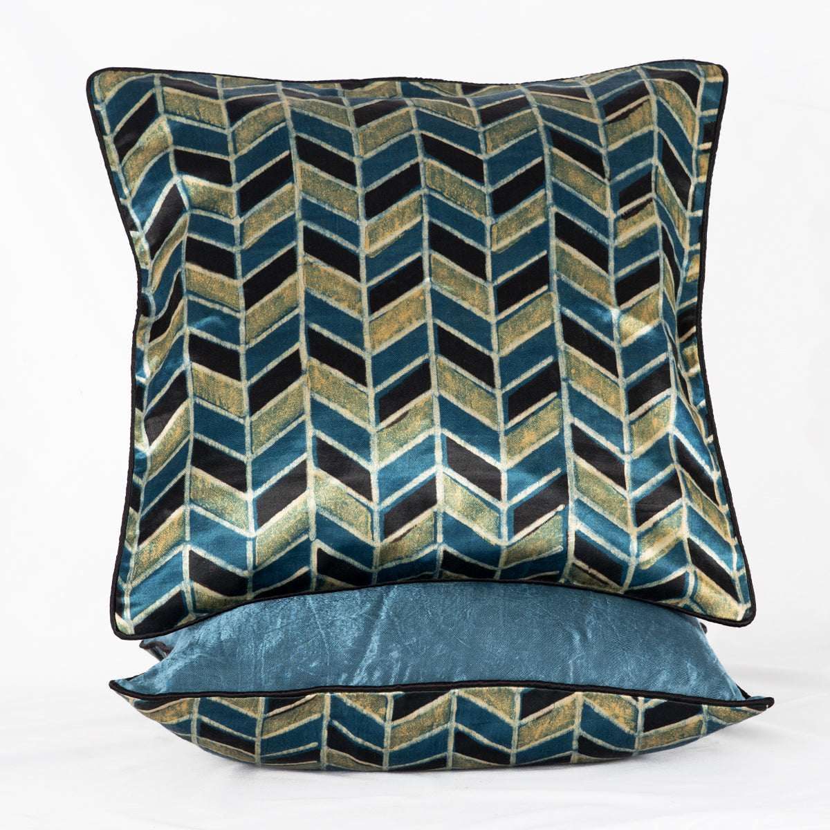 Geometric Chevron Hand Block Print Mashru Silk Cushion Cover - Blue Black