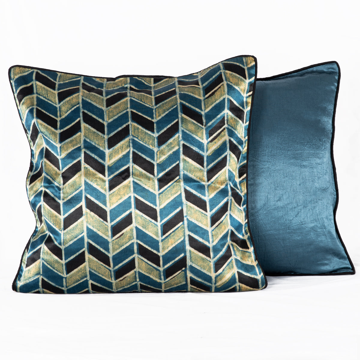 Geometric Chevron Hand Block Print Mashru Silk Cushion Cover - Blue Black