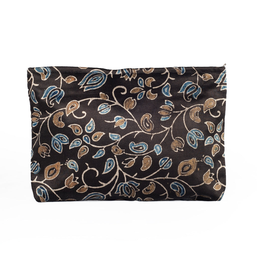 Ajrakh Hand-block Print Silk Travel Case - Set of 3 - Black Gold Blue Floral Vine