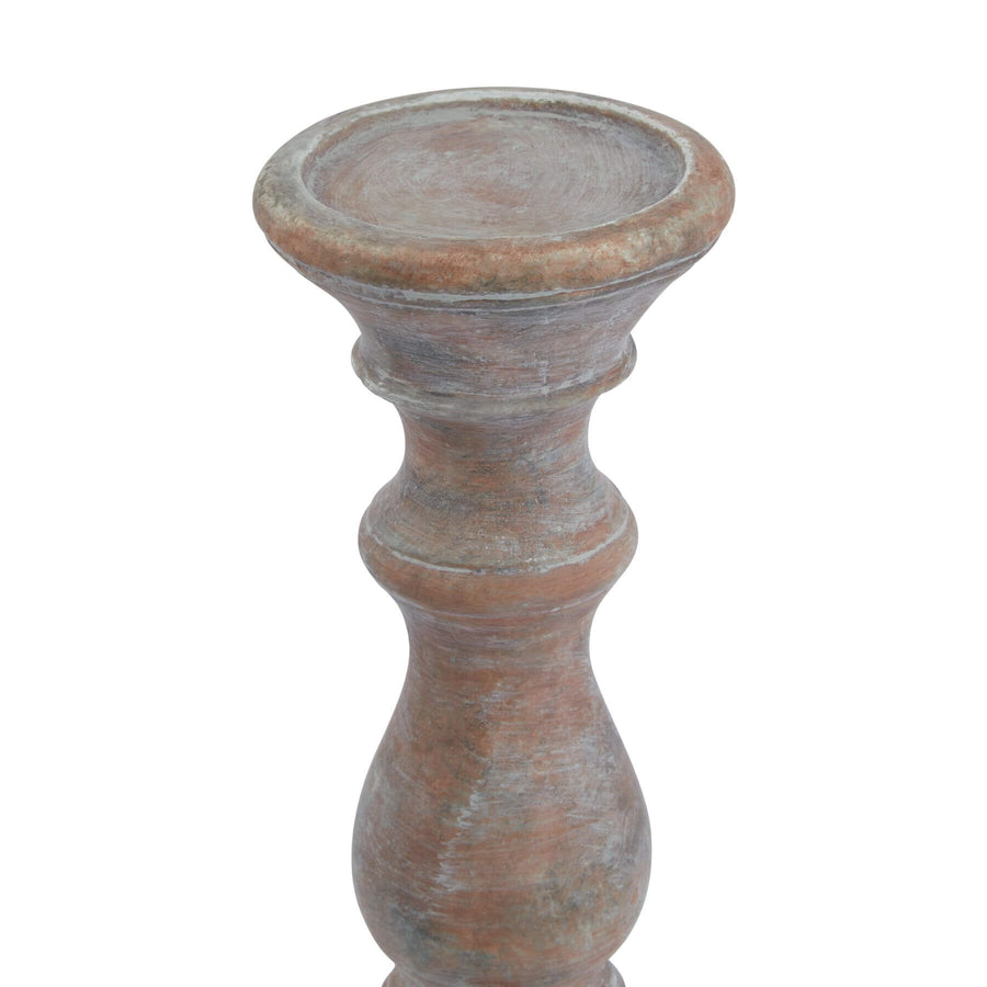 Rustic brown ceramic column candle holder with aged patina, part of the Siena Mediterranean decor collection.by Sostter at brixbailey.com