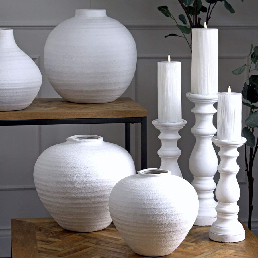 Matte white ceramic column decor, minimalist architectural piece with clean lines, 38cm height  by Sostter at brixbailey.com