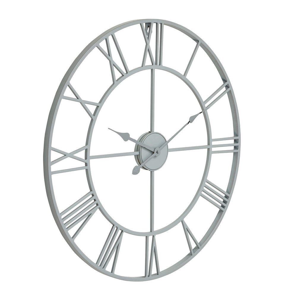 Large grey metal skeleton wall clock with Roman numerals, modern industrial design, 80cm diameter by Sostter at brixbailey.com