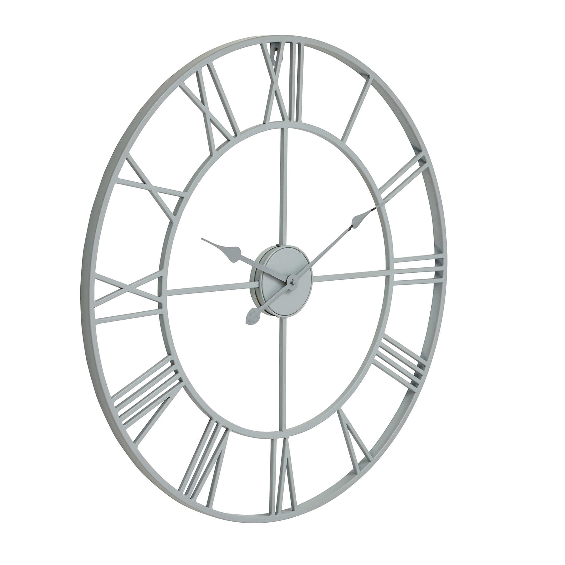 Large grey metal skeleton wall clock with Roman numerals, modern industrial design, 80cm diameter by Sostter at brixbailey.com