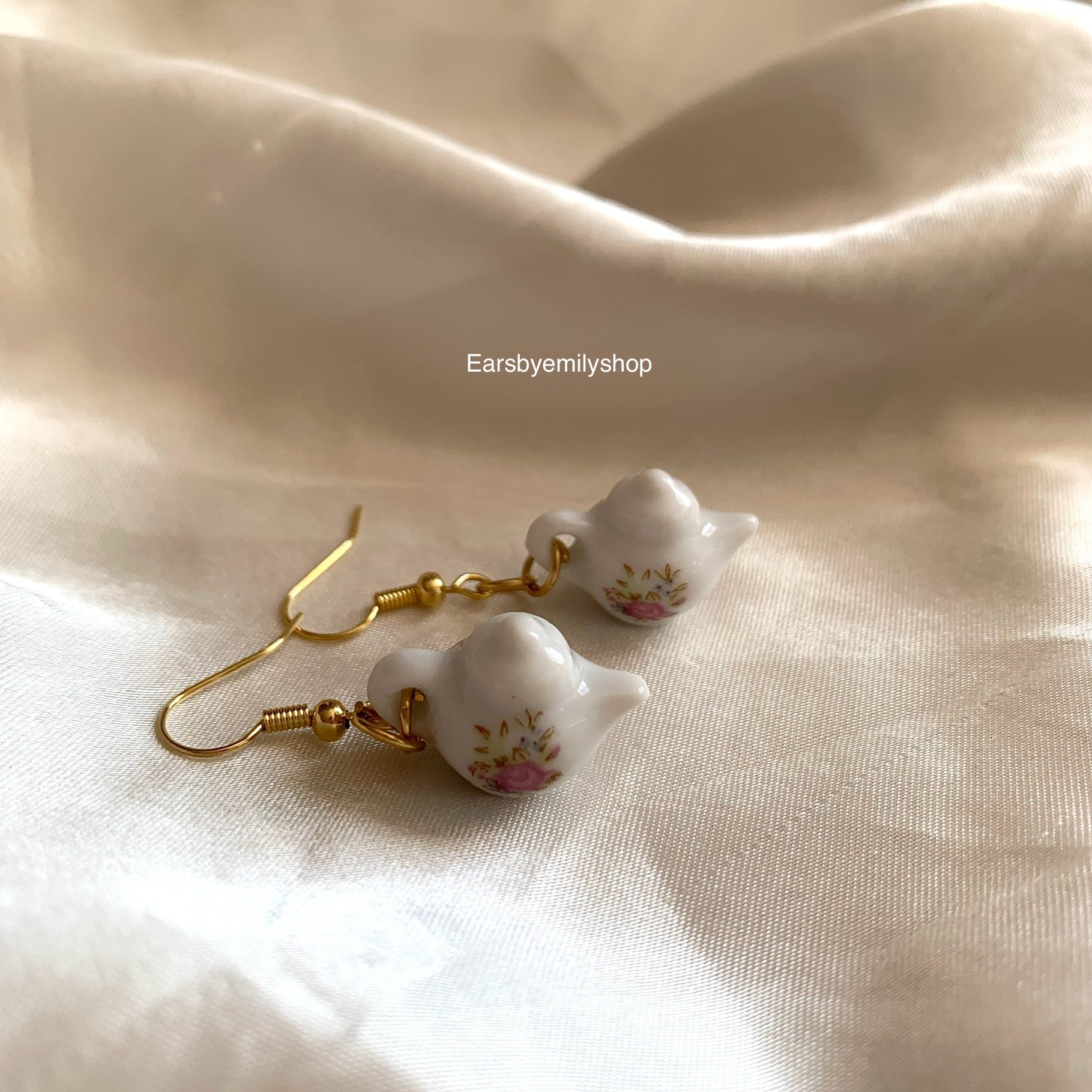 Cool white rose flower porcelain rustic tea pot gold or silver dangle earrings