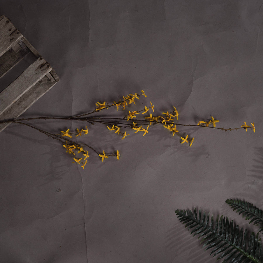 Lifelike artificial Forsythia branch with vibrant yellow petals, hyper-realistic plastic stems, 108cm tall by Sostter at brixbailey.com