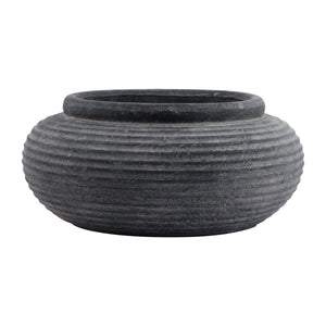 Amalfi grey round ribbed ceramic planter with weathered charcoal finish, 41cm wide, for indoor or outdoor plants by Sostter at brixbailey.com