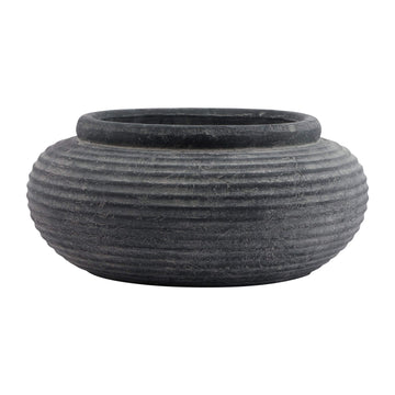 Amalfi grey round ribbed ceramic planter with weathered charcoal finish, 41cm wide, for indoor or outdoor plants by Hill Interiors at brixbailey.com