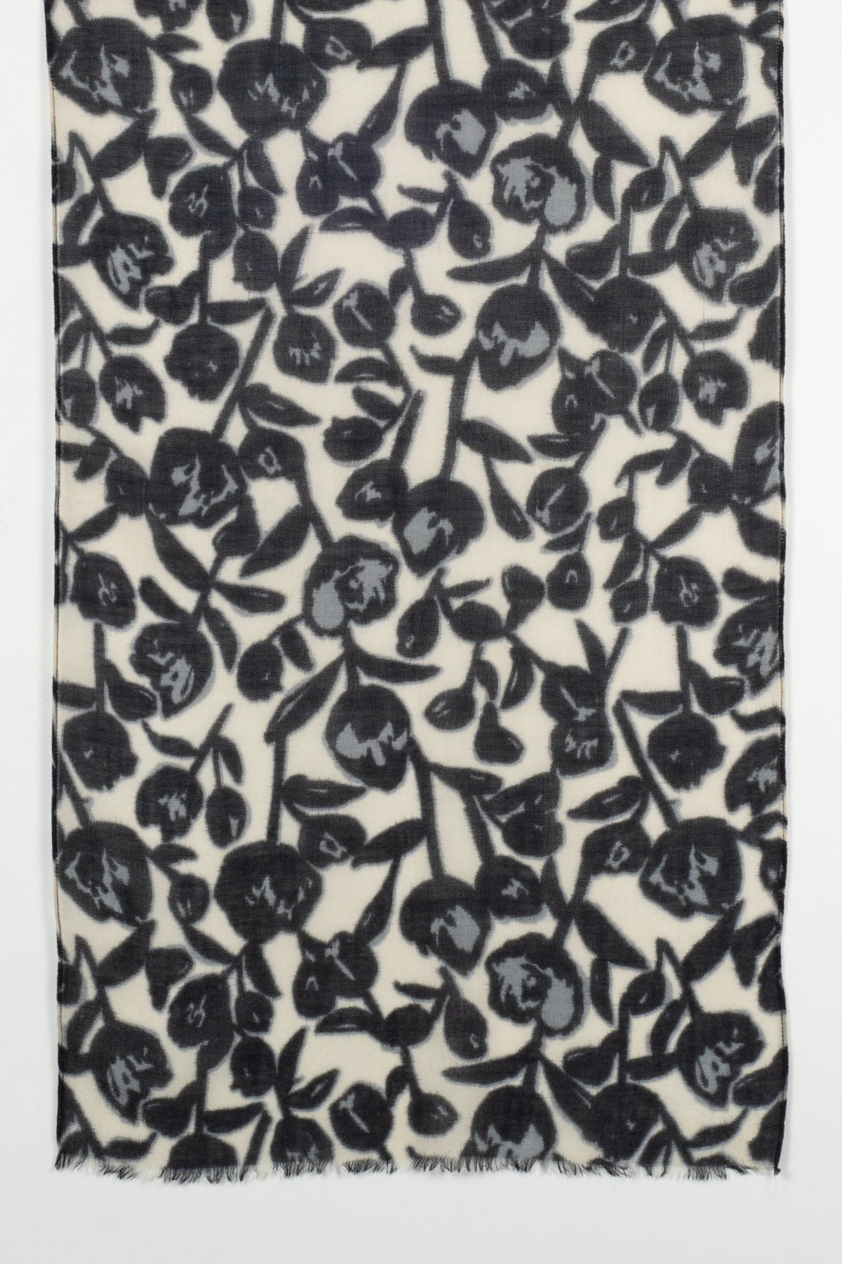 Buds and Flowers Merino Wool Scarf - Black White