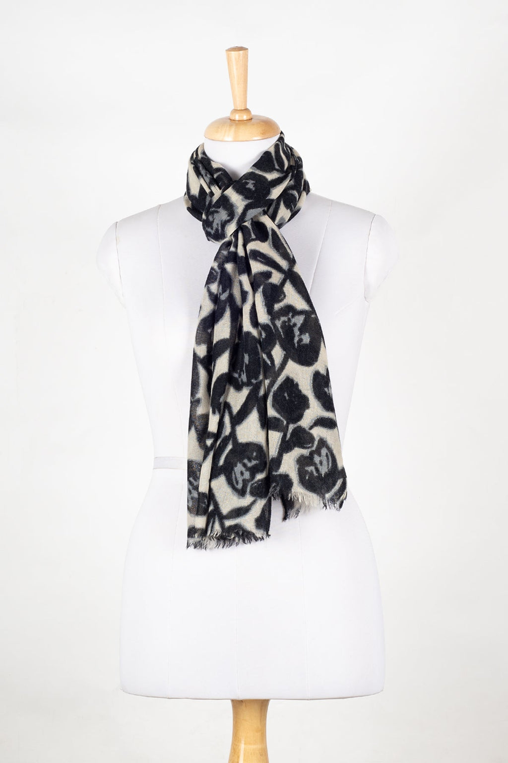 Buds and Flowers Merino Wool Scarf - Black White