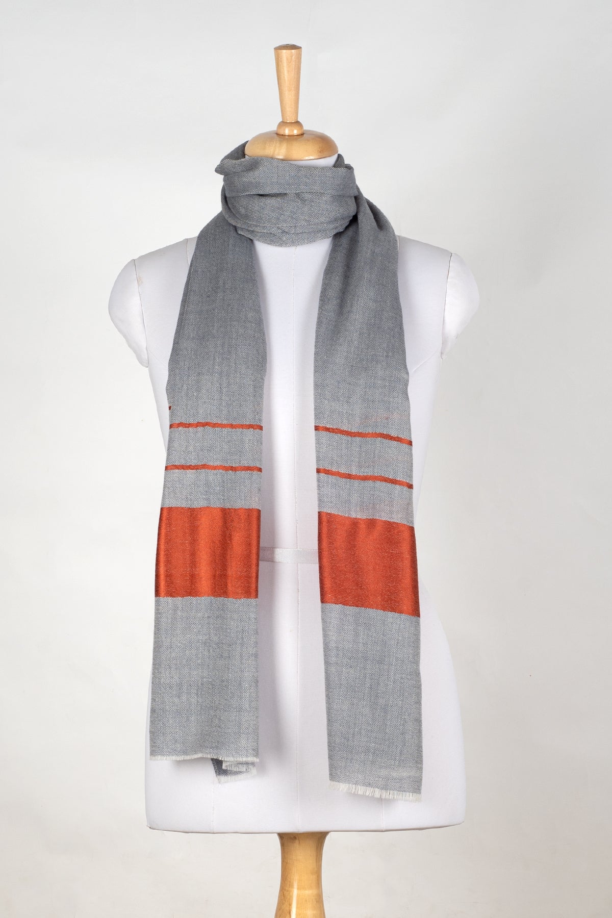 Bordered Stripe Cashmere Wool Scarf – Grey & Orange