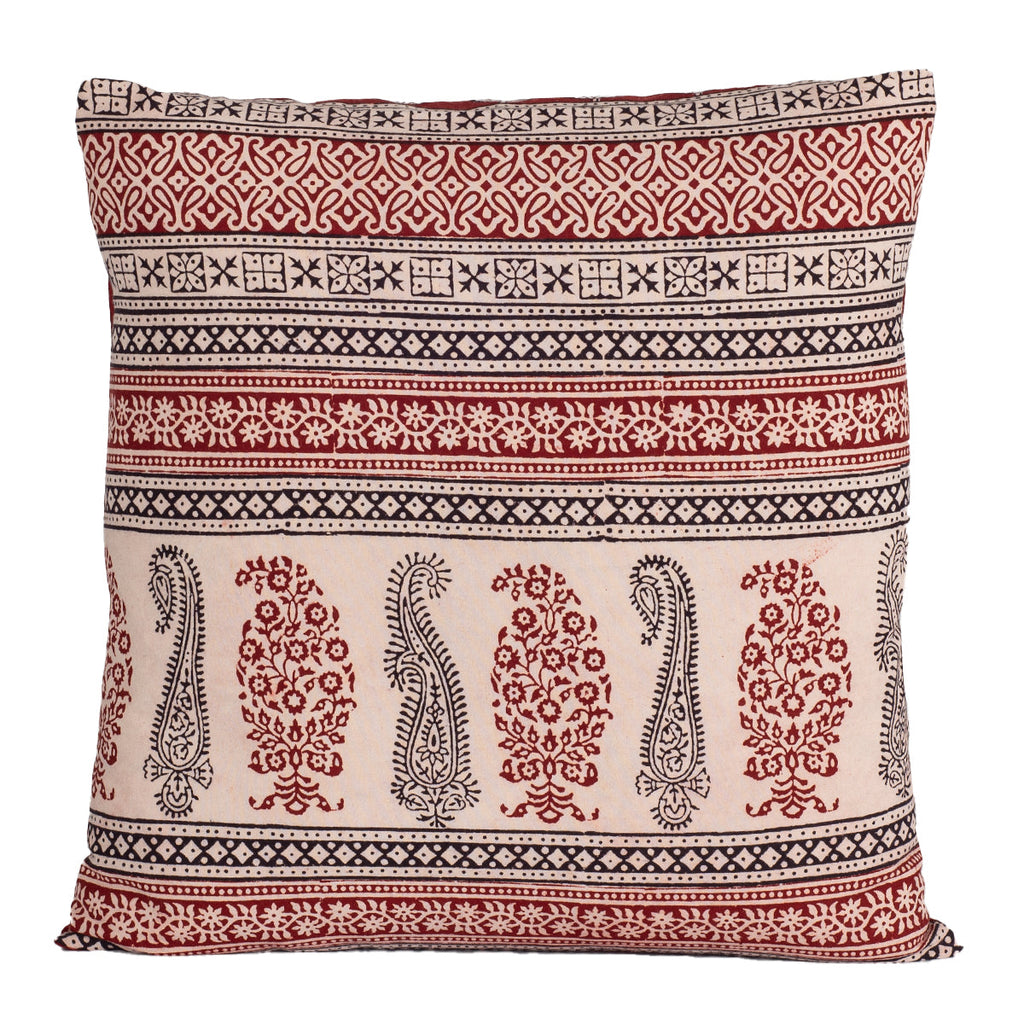 Paisley and Geometric Pattern Bagh Hand Block Print Cotton Cushion Cover - Red Black