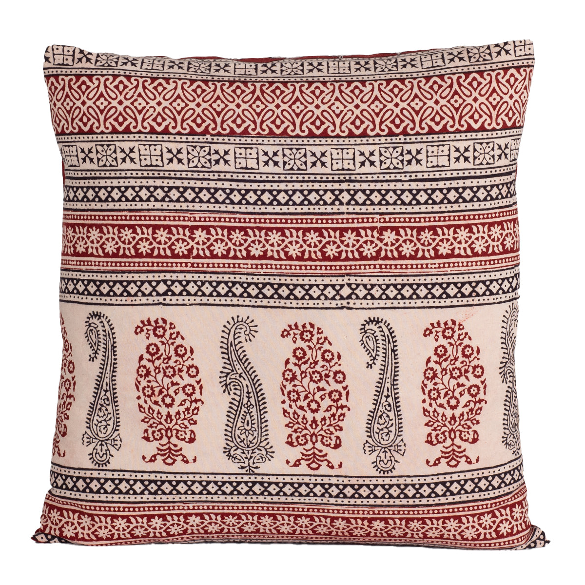 Paisley and Geometric Pattern Bagh Hand Block Print Cotton Cushion Cover - Red Black