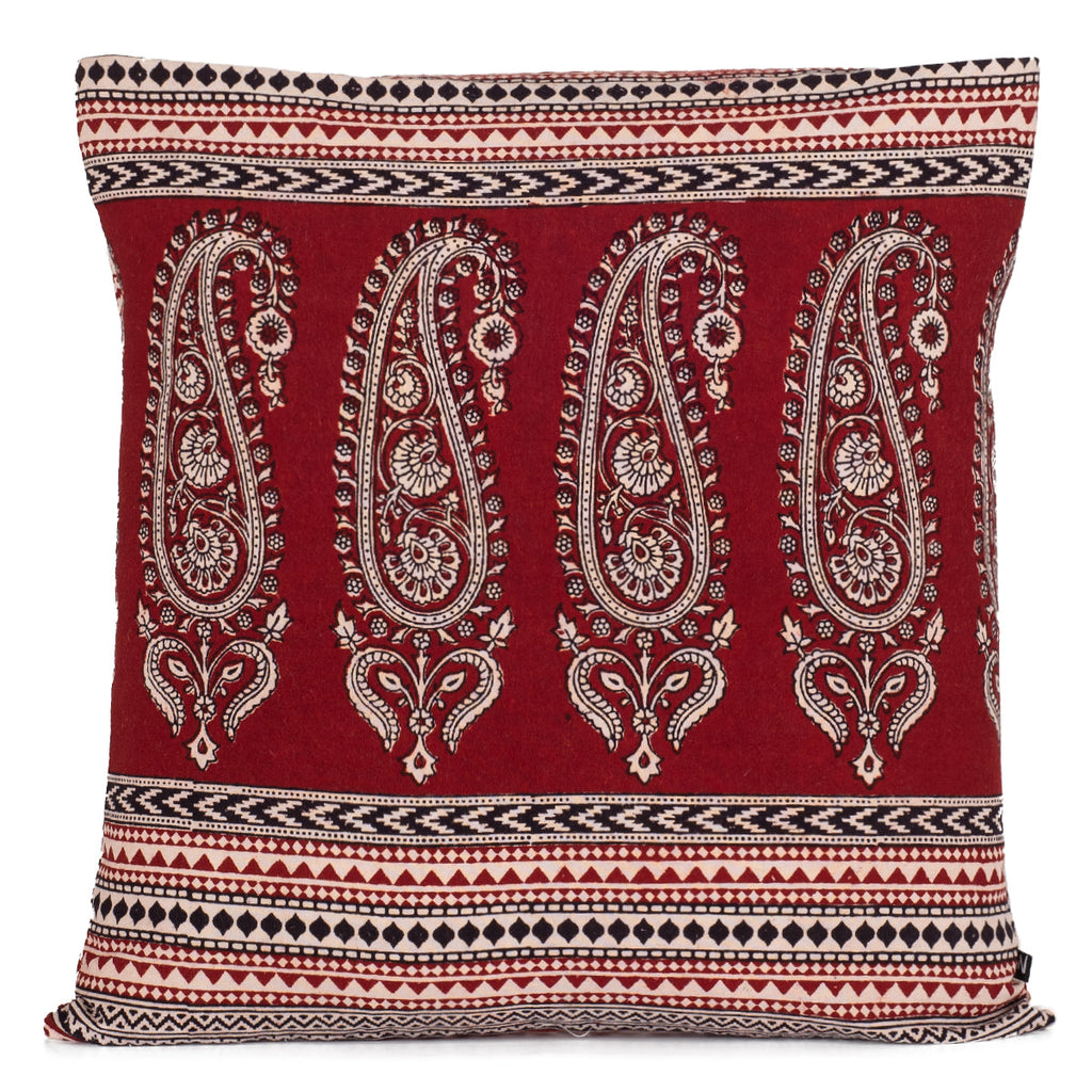 Paisley and Pine Bagh Hand Block Print Cotton Cushion Cover - Red Black