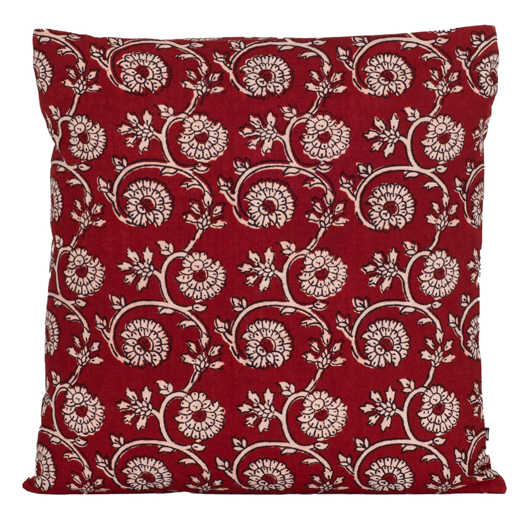 Floral Vine Bagh Hand Block Print Cotton Cushion Cover - Red