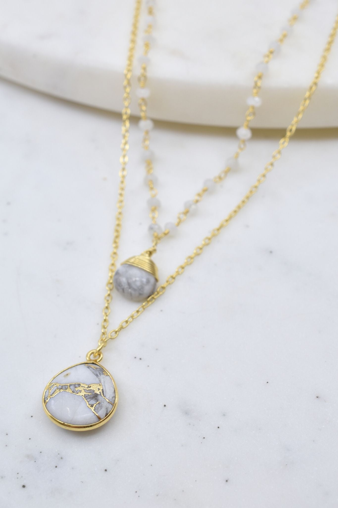 Double Strand Moonstone and Turquoise Gold Necklace