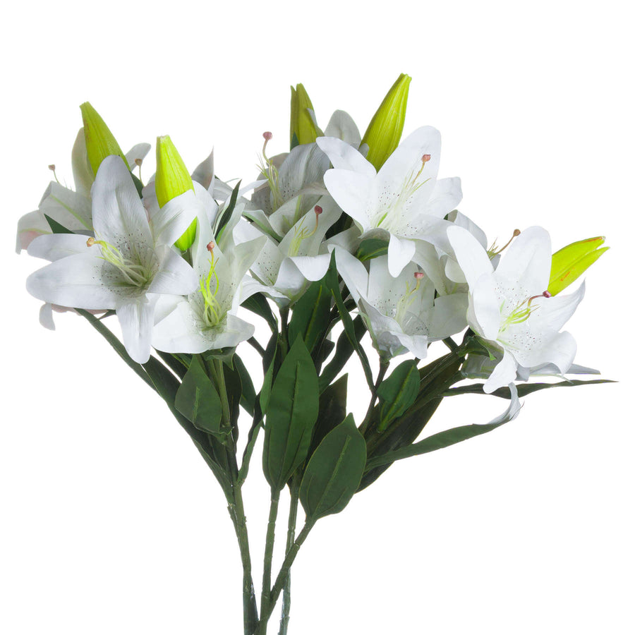 Premium white artificial lily stems with 3 realistic blooms, perfect for home decor by Sostter at brixbailey.com