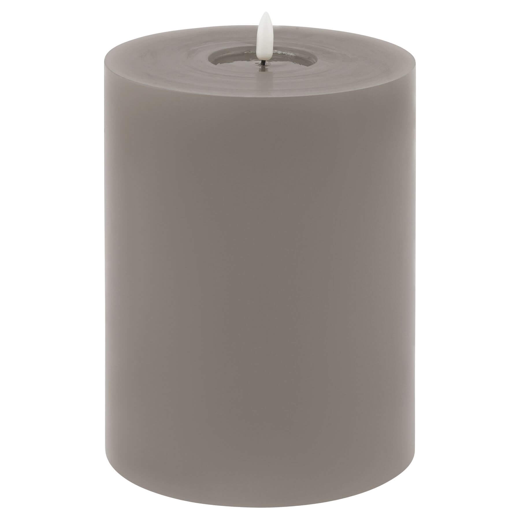 Grey LED wax candle with realistic melt effect and flickering light for flame-free ambiance   

- **Keywords included:** LED wax candle, grey, realistic melt effect, flickering light, flame-free  
- **Clear description:** Visually describes the candle's appearance and key features  
- **SEO & accessibility optimized:** Concise yet informative for both search engines and screen readers by Sostter at brixbailey.com