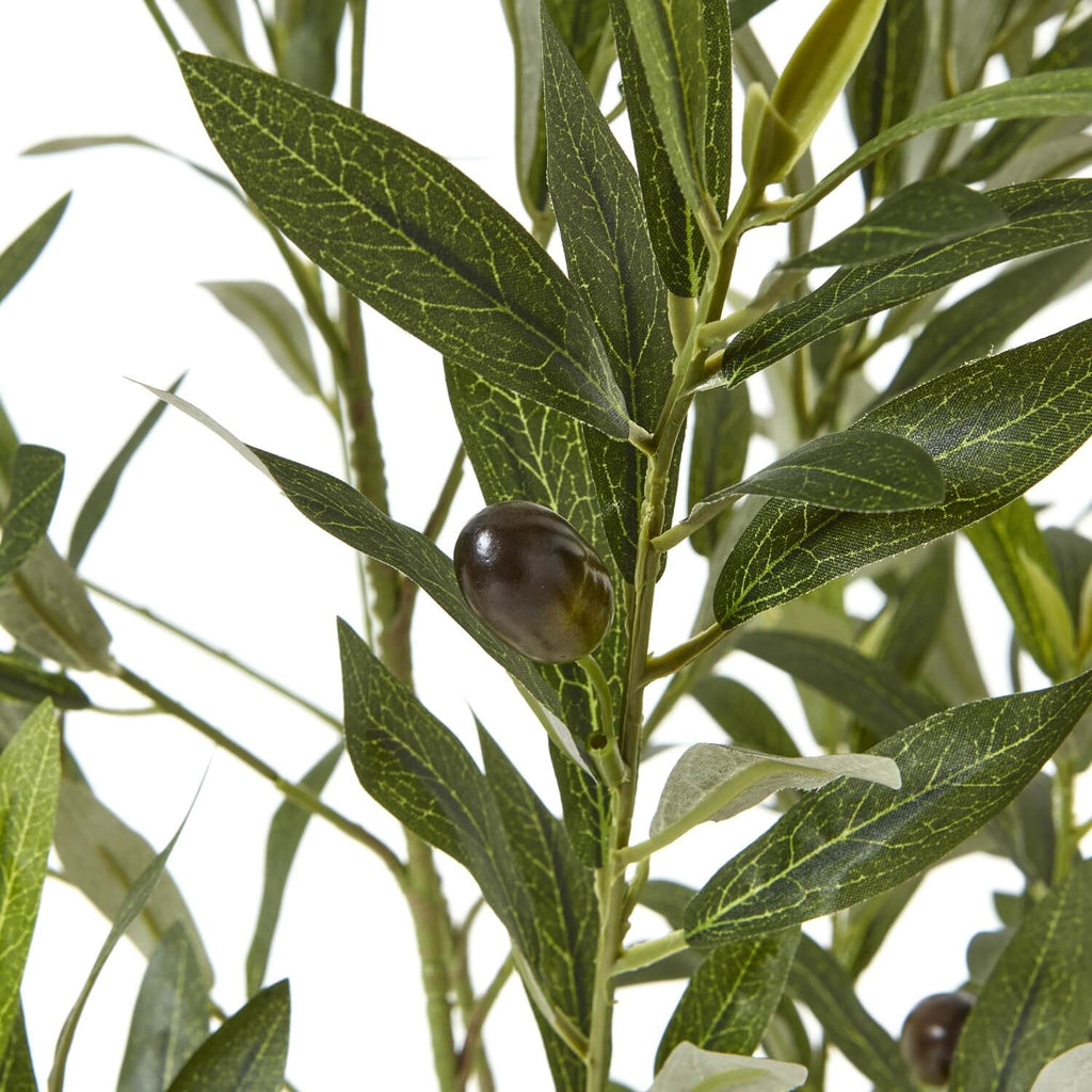 150cm lifelike Apulia olive tree with silvery-green leaves, gnarled trunk, and white planter for Mediterranean decor by Sostter at brixbailey.com